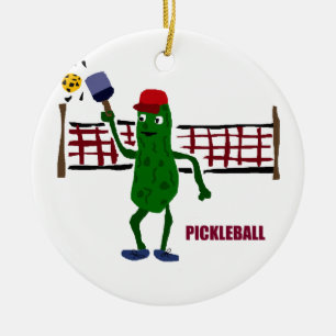 Funny Pickle Playing Pickleball with Net Art Ceramic Tree Decoration