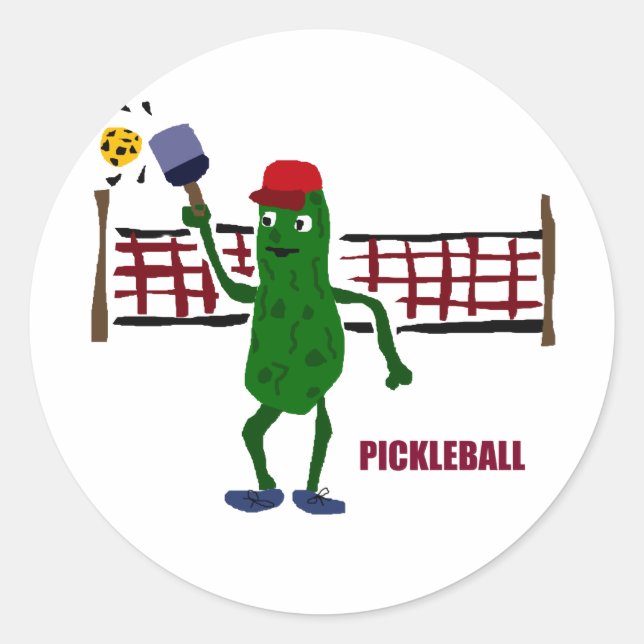 Funny Pickle Playing Pickleball with Net Art Classic Round Sticker (Front)