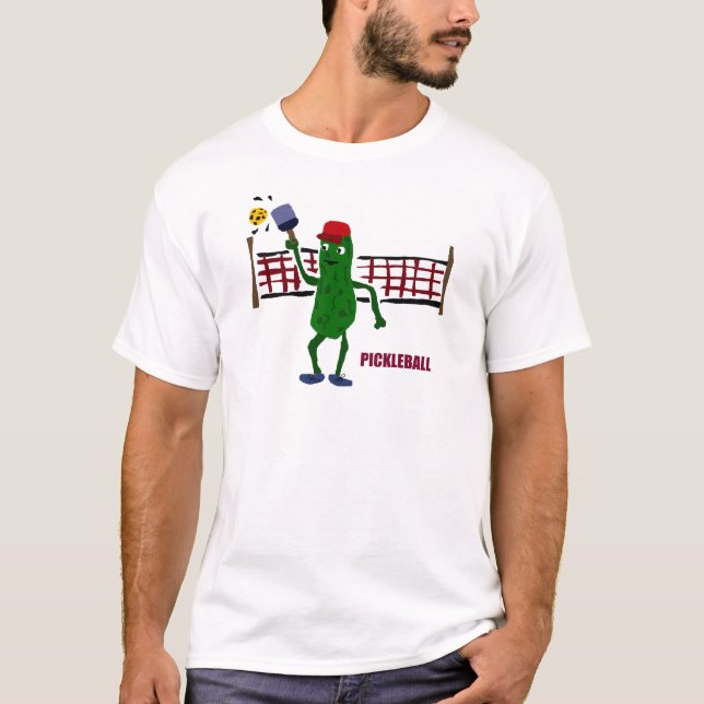 Funny Pickle Playing Pickleball with Net Art T-Shirt (Front)