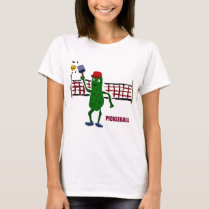 Funny Pickle Playing Pickleball with Net Art T-Shirt