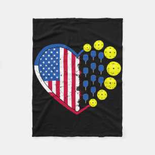 Funny Pickleball Ball With American Flag Heart 4th Fleece Blanket