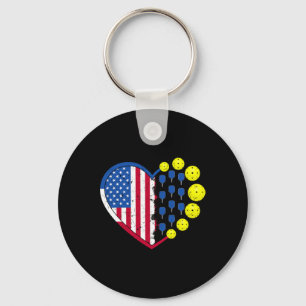 Funny Pickleball Ball With American Flag Heart 4th Key Ring