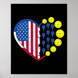 Funny Pickleball Ball With American Flag Heart 4th Poster