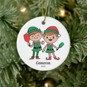 Funny Pickleball Christmas Elves, Add Photo Text Ceramic Ornament