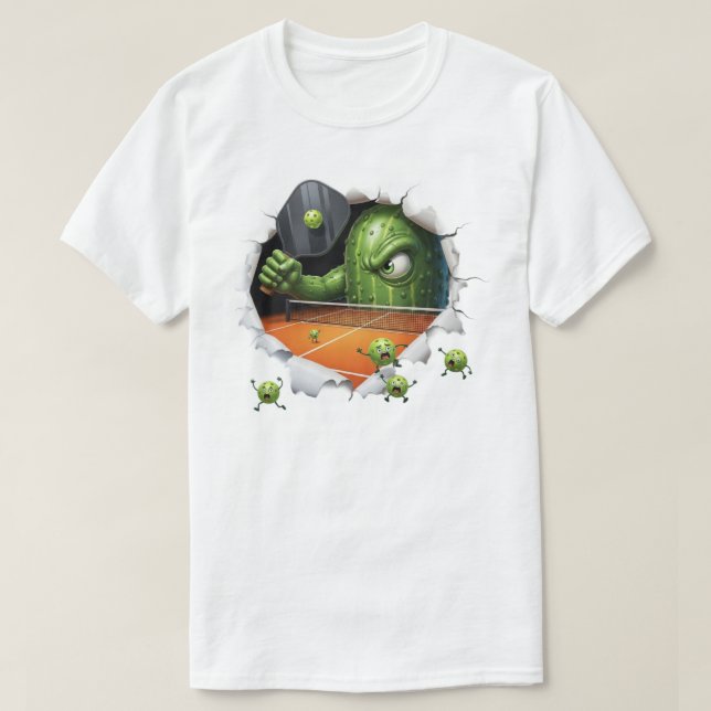 Funny Pickleball Creature Dominates Court Scene T-Shirt (Design Front)