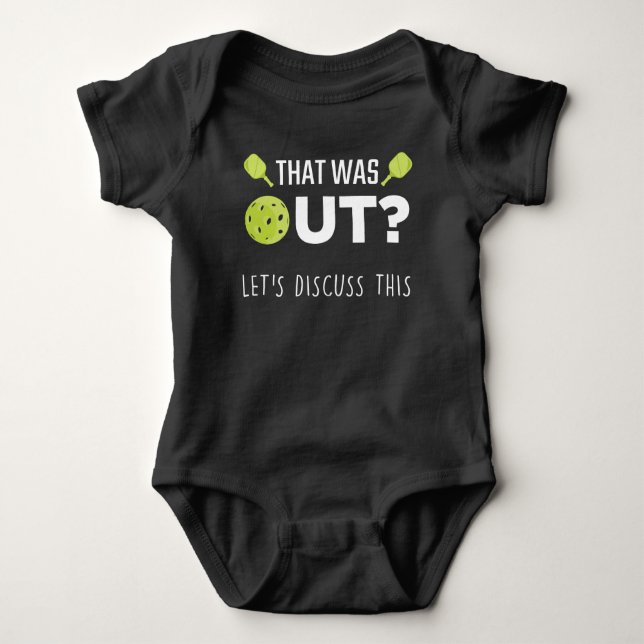Funny Pickleball Discuss Joke Racquet Sportsman Baby Bodysuit (Front)