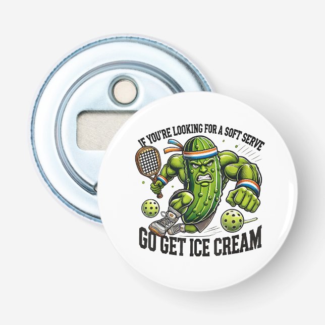 Funny Pickleball Lover Pun with a Pickle Playing Bottle Opener (Front)