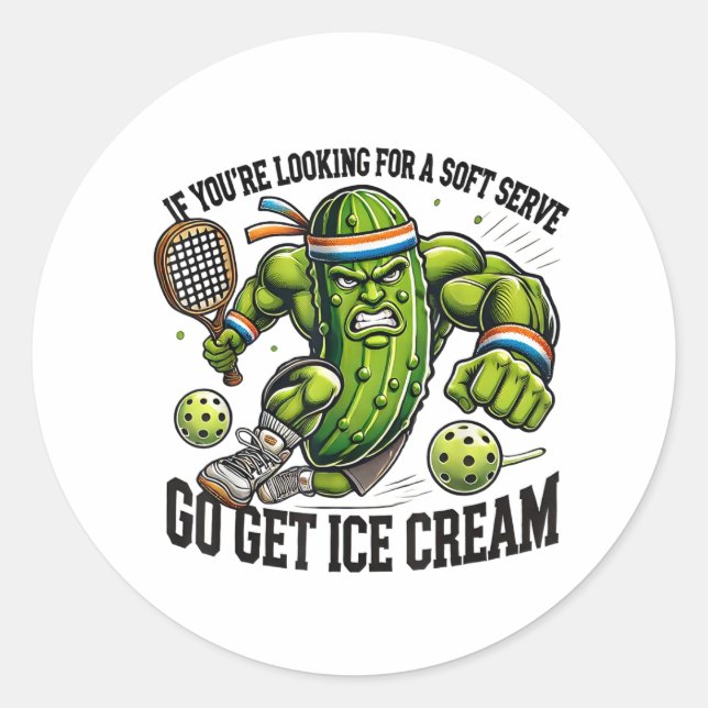 Funny Pickleball Lover Pun with a Pickle Playing Classic Round Sticker (Front)