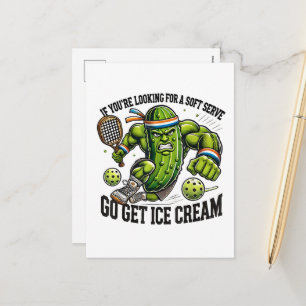Funny Pickleball Lover Pun with a Pickle Playing Holiday Postcard