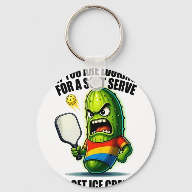 Funny pickleball lover pun with a pickle playing key ring (Front)