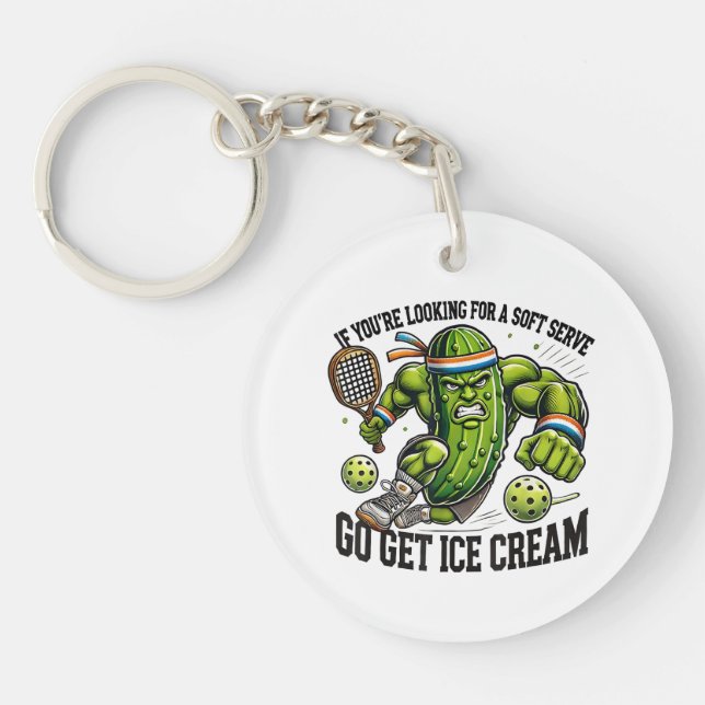 Funny Pickleball Lover Pun with a Pickle Playing Key Ring (Front)