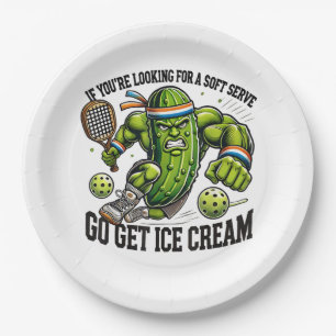 Funny Pickleball Lover Pun with a Pickle Playing Paper Plate