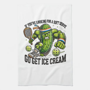 Funny Pickleball Lover Pun with a Pickle Playing Tea Towel