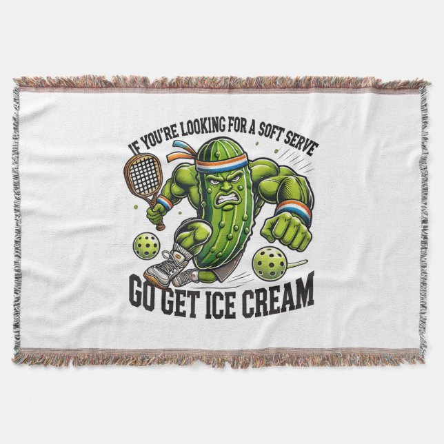Funny Pickleball Lover Pun with a Pickle Playing Throw Blanket (Front)