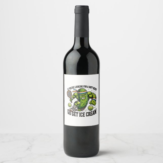 Funny Pickleball Lover Pun with a Pickle Playing Wine Label (Front)