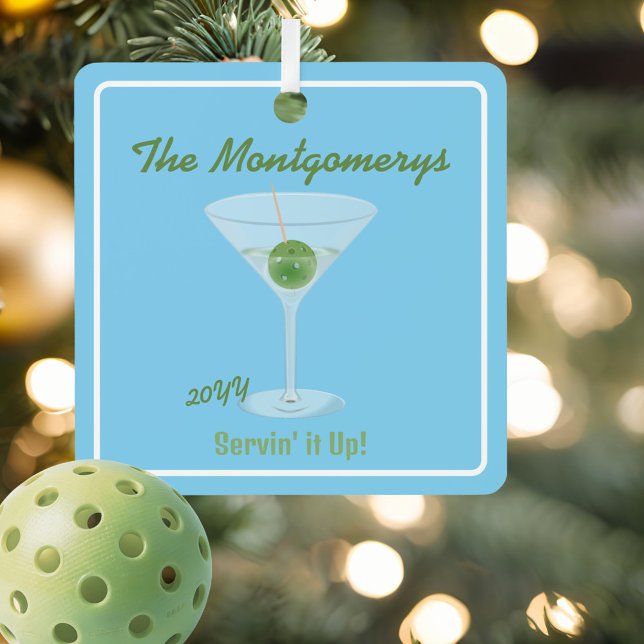 Funny Pickleball Martini Serving it Up  Metal Tree Decoration (Fun pickleball martini ornament personalized with your name and funny text.)