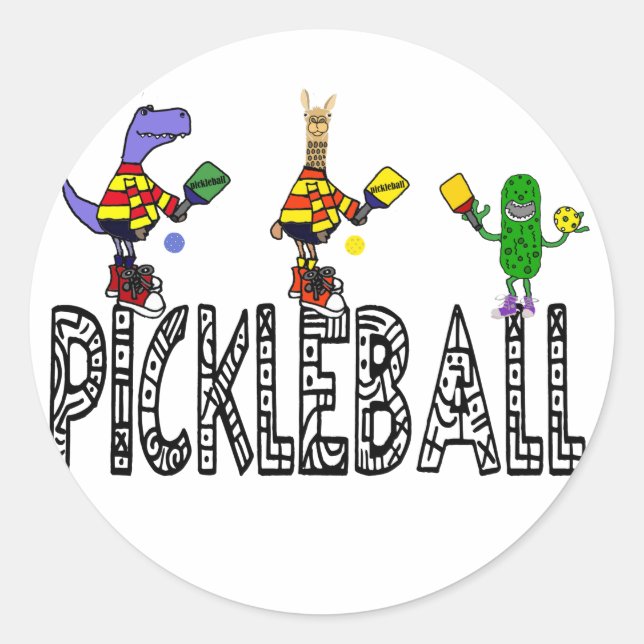 Funny Pickleball Players Animals Cartoon Classic Round Sticker (Front)