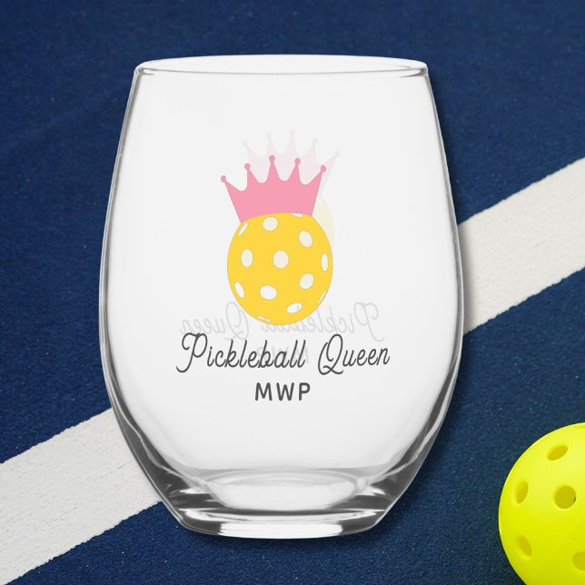 Funny Pickleball Queen Personalised Monogram Stemless Wine Glass (Creator Uploaded)