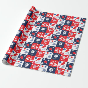 Funny Pickleball Red White Blue Pattern Wrapping Paper