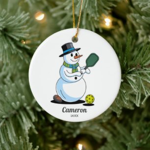 Funny Pickleball Snowman, Add Custom Photo & Text Ceramic Ornament