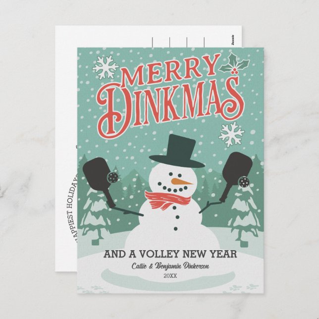 Funny Pickleball Snowman Merry Christmas Postcard (Front/Back)