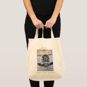 funny picture of cute akita smiling dog tote bag
