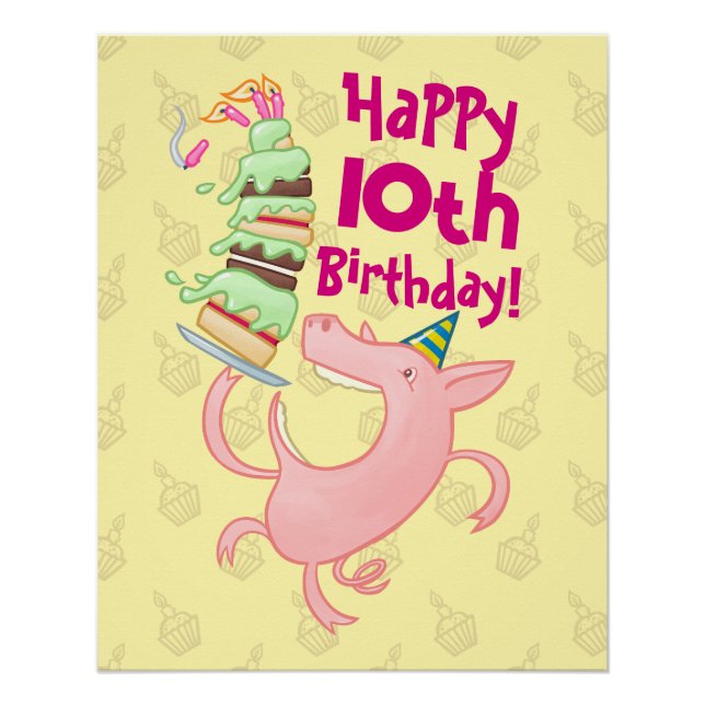 Funny Pig Add The Age Giant Birthday Cake Cartoon Poster (Front)