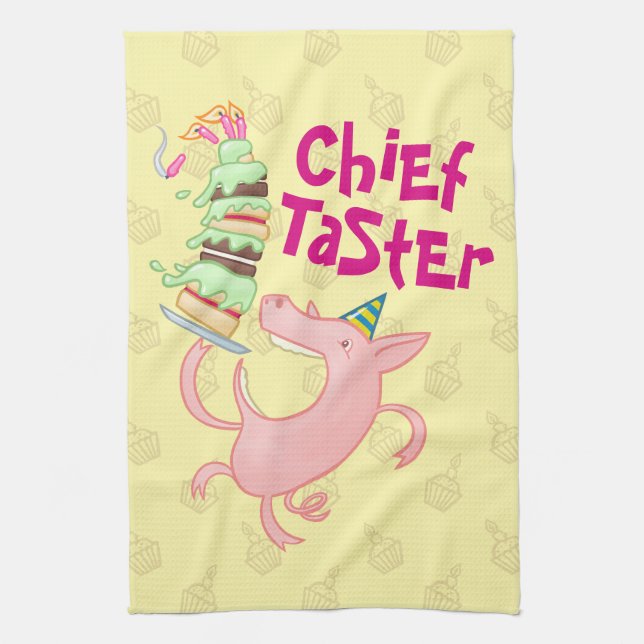 Funny Pig Chief Taster Giant Sponge Cake Cartoon Tea Towel (Vertical)