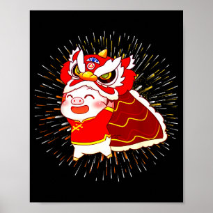 Funny Pig Chinese New Year Lion Dancing Piggy  Poster