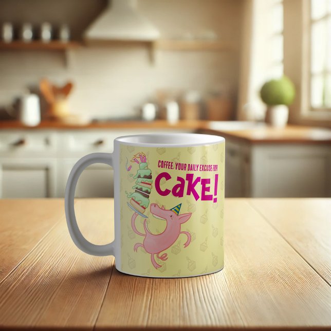 Funny Pig Coffee Daily Excuse For Cake Cartoon Coffee Mug (Creator Uploaded)