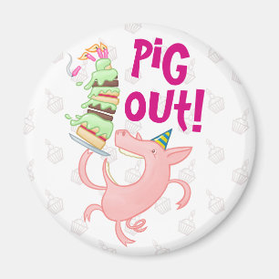 Funny Pig Eating Birthday Cake Pig Out! Cartoon Magnet