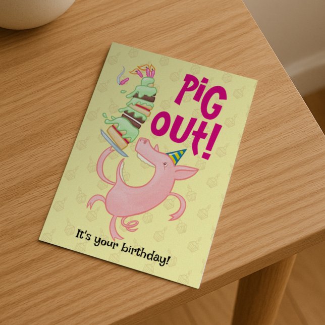 Funny Pig Eating Birthday Cake Pig Out! Cartoon Postcard (Creator Uploaded)