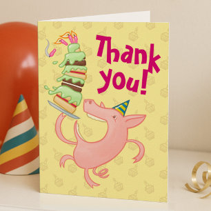 Funny Pig Eating Birthday Cake Thank you! Cartoon You Card