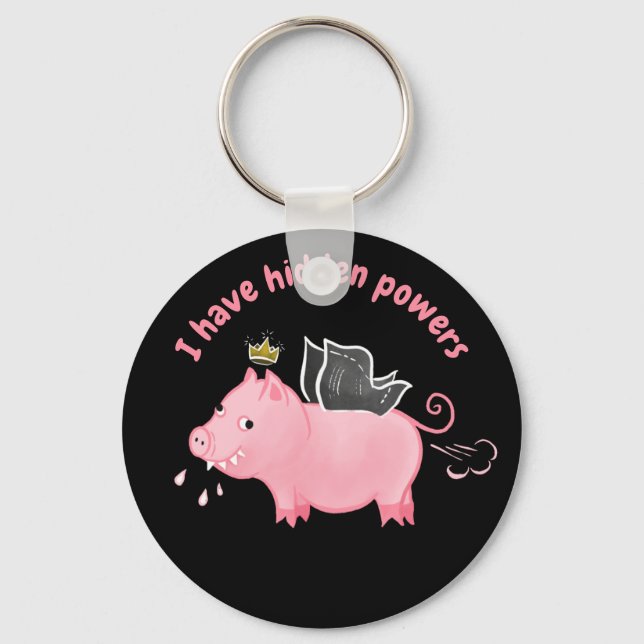 Funny Pig Fairy Cartoon - Cute Flying Pig Magic Key Ring (Front)