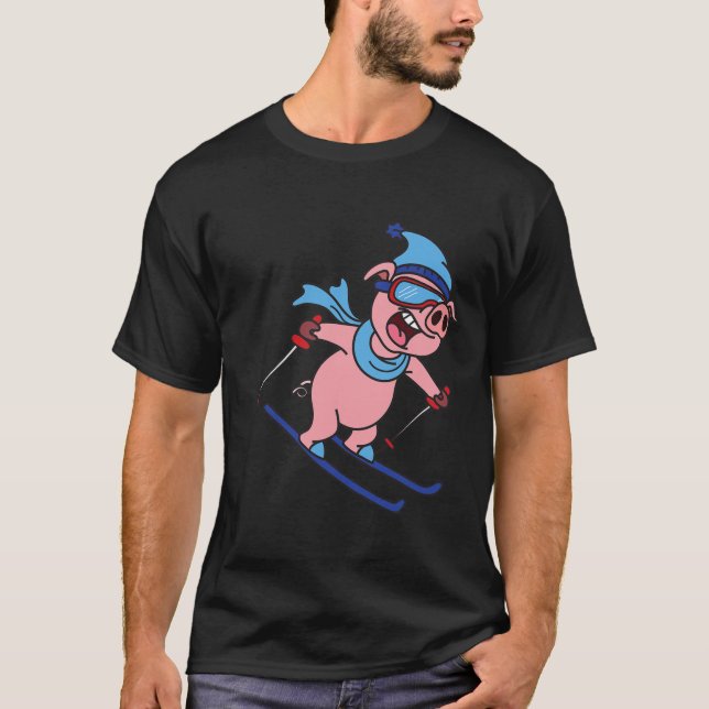 Funny Pig Go Skiing Design Gift Winter Holidays  T-Shirt (Front)
