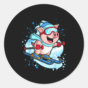 Funny pig go skiing design winter holidays  classic round sticker