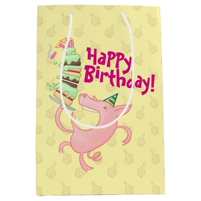 Funny Pig Happy Birthday! Giant Layer Cake Cartoon Medium Gift Bag (Front)