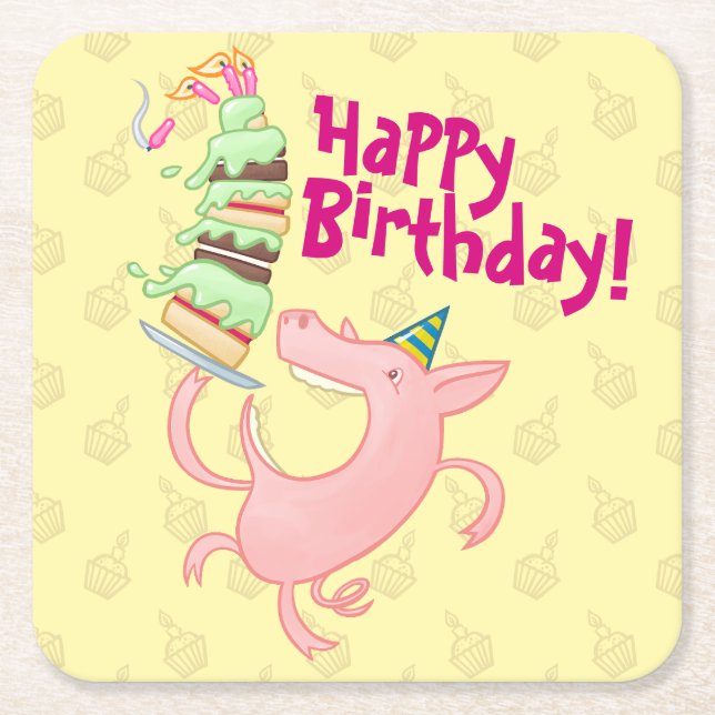 Funny Pig Happy Birthday! Giant Layer Cake Cartoon Square Paper Coaster (Front)