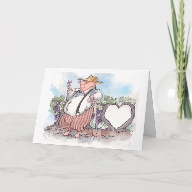 Funny pig holding wine glass with heart vine holiday card (Front)