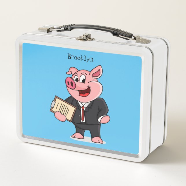 Funny pig in business suit cartoon metal lunch box (Front)
