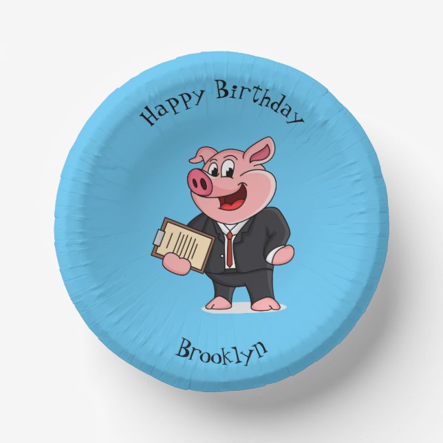 Funny pig in business suit cartoon  paper plate (Front)