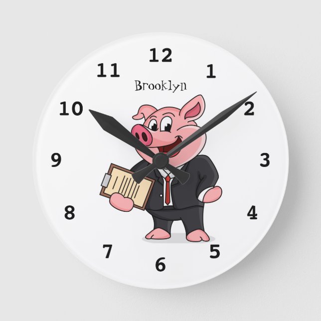 Funny pig in business suit cartoon  round clock (Front)