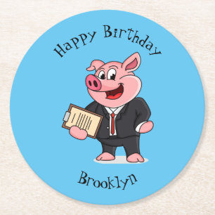 Funny pig in business suit cartoon round paper coaster