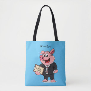 Funny pig in business suit cartoon tote bag