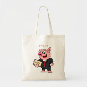 Funny pig in business suit cartoon tote bag