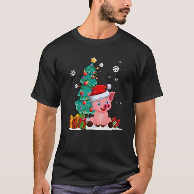 Funny Pig Lovers Cute Pig Santa hat Ugly Christmas T-Shirt (Front)