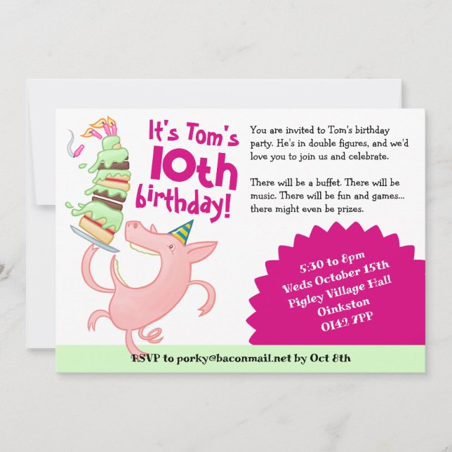 Funny Pig Name & Age Birthday Party Cake Cartoon Invitation (Front)