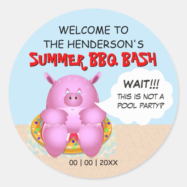 Funny Pig on a Float |  BBQ Pool Beach Party  Classic Round Sticker (Front)