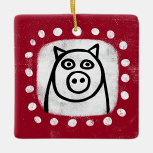 Funny Pig On Red Ornament
