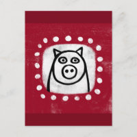 Funny Pig On Red Postcard